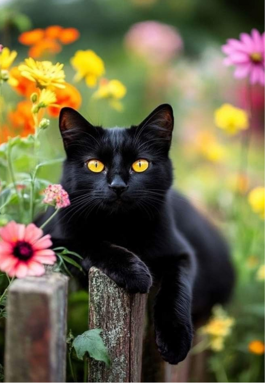 Black Cat in the Blooms Greeting Card