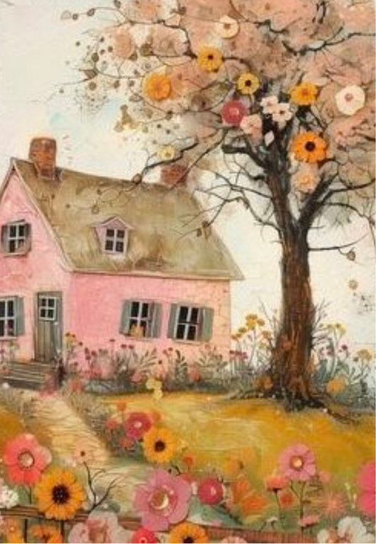 Pink House & Blooming Tree Greeting Card