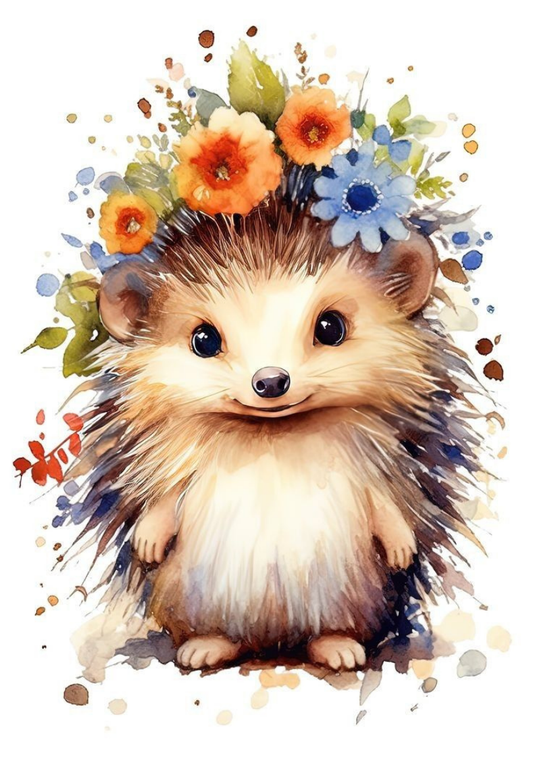 Floral Watercolor Hedgehog Greeting Card