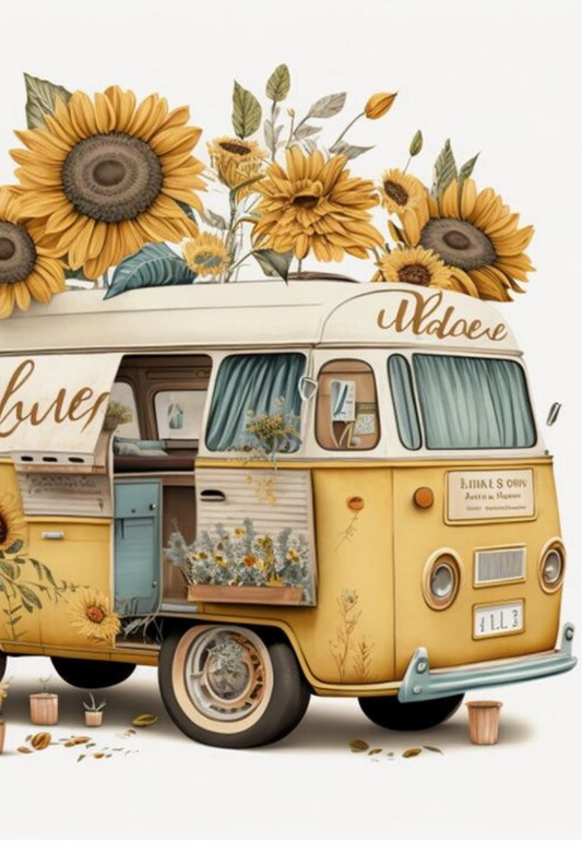 Yellow Vintage Van With Sunflowers Greeting Card