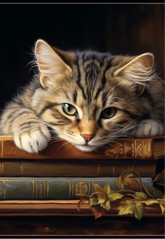 Cute Cat Laying on Vintage Books Greeting Card