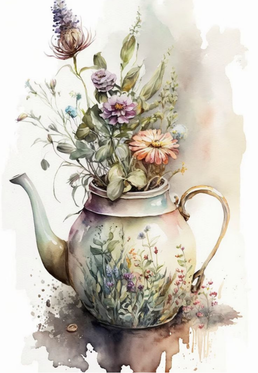 Antique Floral Teapot with Watercolor Florals Greeting Card