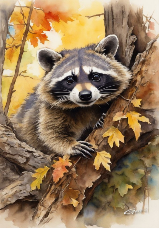 Curious Watercolor Raccoon in Autumn Leaves Greeting Card