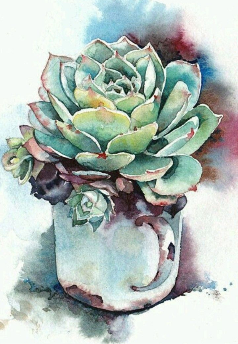 Blue-Green Succulent in Rustic Pot Watercolor Greeting Card